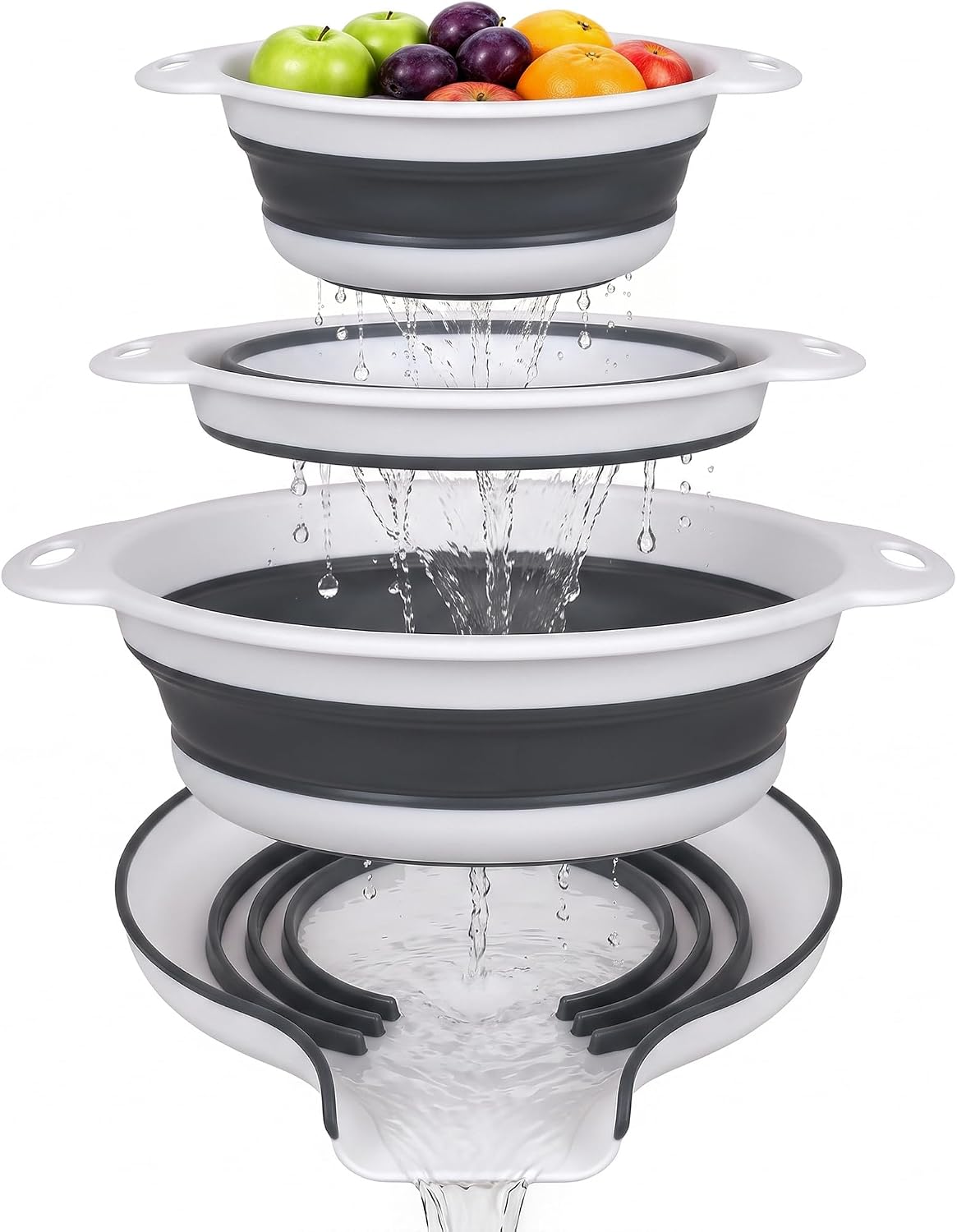 3-Pack Collapsible Colander for Kitchen with Self-Draining Base,Grey