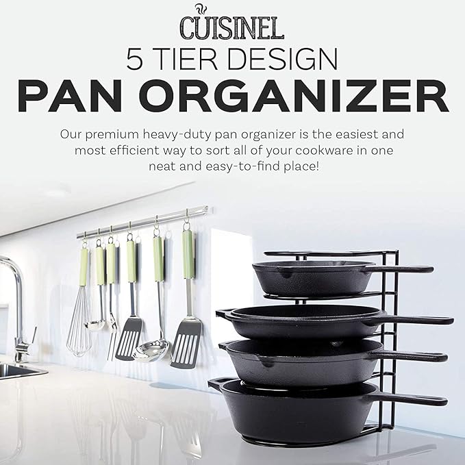 Cuisinel Heavy Duty Pots and Pans Organizer Rack - 12.2"-Inch Tall - 5 Tier Rack - Holds 60 LB - Cast Iron Skillets, Griddles, Shallow Cookware - Space Saving Kitchen Storage - No Assembly Required
