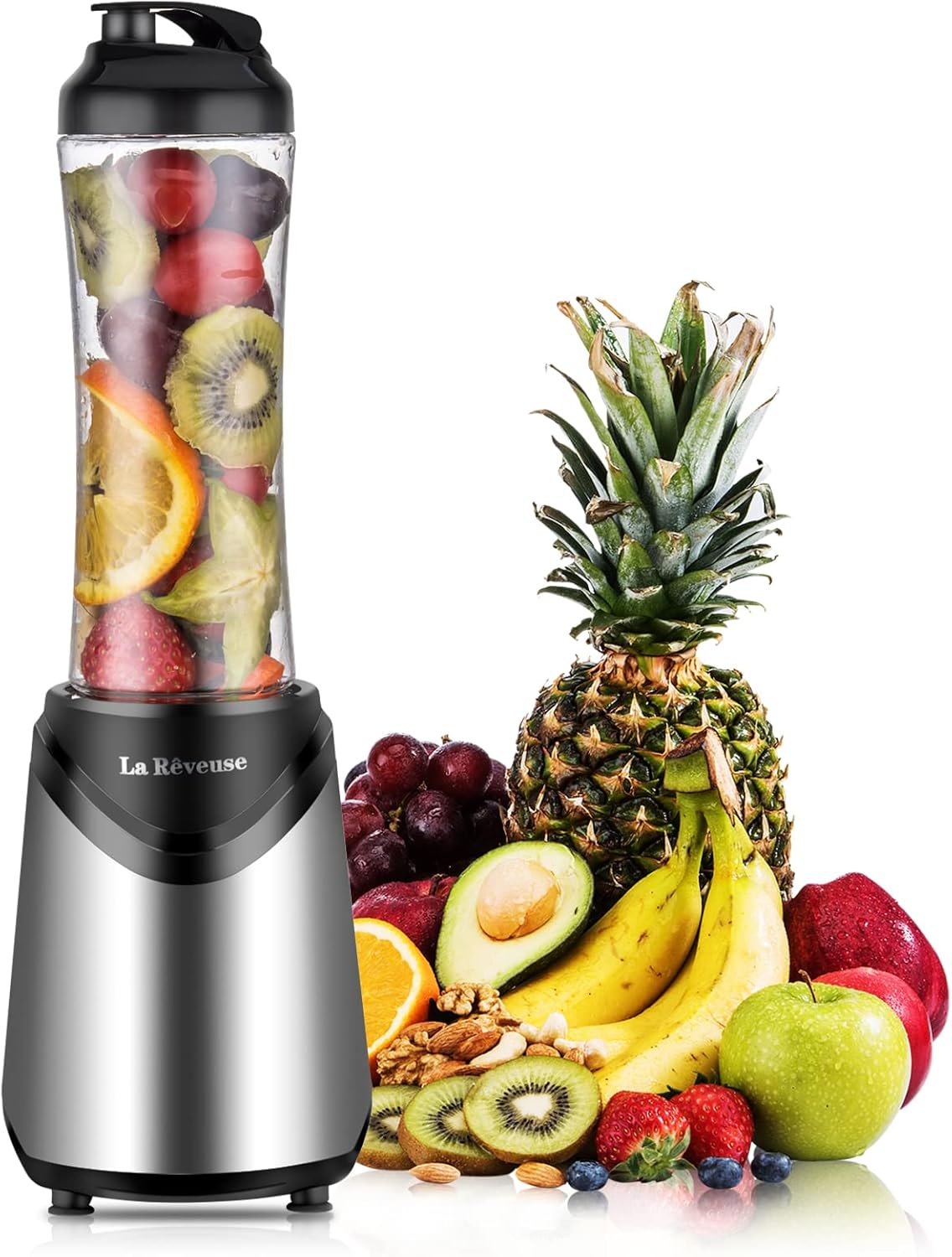 Smoothies Blender Personal Size 300 Watts with 18 oz BPA-Free Portable Travel Sports Bottle, Silver