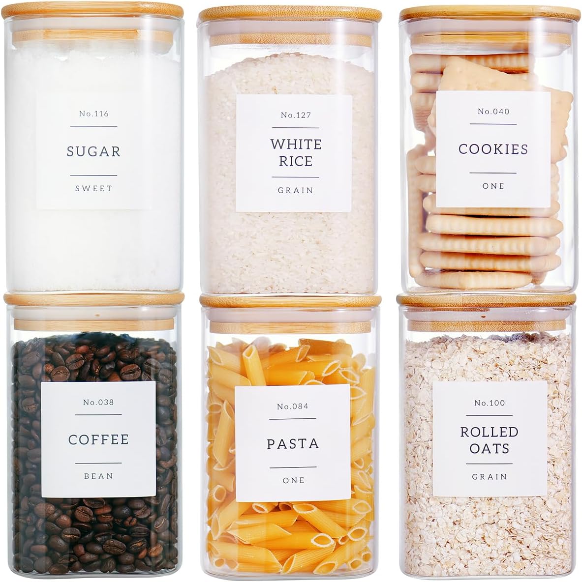 6 Pack Square Kitchen Storage Jars with Airtight Bamboo Lids and 132 Pantry Labels - 35oz Glass Canisters With Wood Lids - Food Storage Containers for Coffee, Cookie, Tea, Spice
