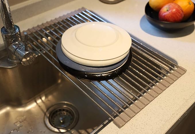 Ahyuan Corner Sink Dish Drainer Over The Sink Dish Drying Rack Corner Dish Rack SUS304 Cubic Stainless Still Kitchen Sponge Holder Corner Sink Sponge Caddy Dish Rack (Light Gray)