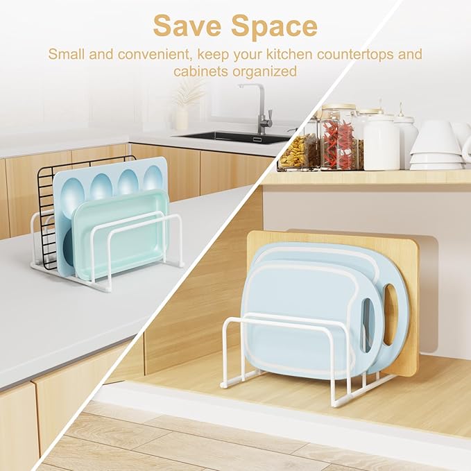 Fikoksol Cutting Board Organizer and Baking Sheet Rack, [2-Pack] White Heavy Duty Metal Cookie Sheet Organizer for Cutting Board Storage & Plate Holder for Cabinet, Tray Dividers for Cabinets