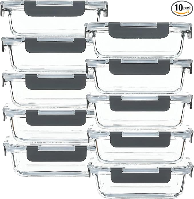 Glass Food Storage Containers 10 Pack - 22Oz Meal Prep Container Set with Lid, Airtight Snap Lock, Microwave Freezer Oven Dishwasher Safe, Lunch Box for Work, Grey