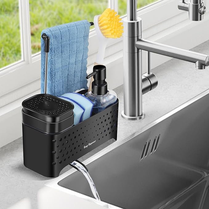 Kitchen Soap Dispenser Set, Sponge Holder for Kitchen Sink, Hand and Dish Soap Dispenser with Sink Caddy - 5-in-1 Design, Non-Slip Drainage Water Kitchen Sink Organizer (Black)