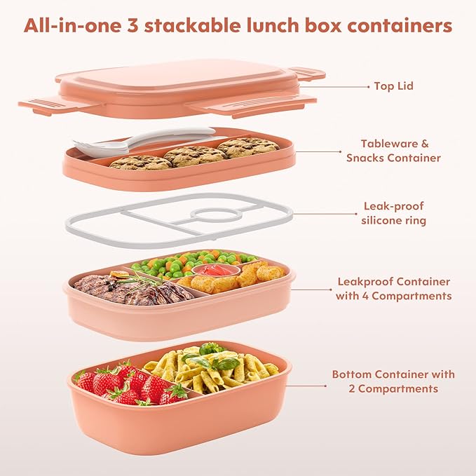HOMETALL Bento Box Adult Lunch Box,3 Stackable Bento Lunch Containers for Adults/Kids, Modern Minimalist Design Bento Box with Utensil Set, Leak-Proof Lunchbox for Dining Out, Work, Picnic, School