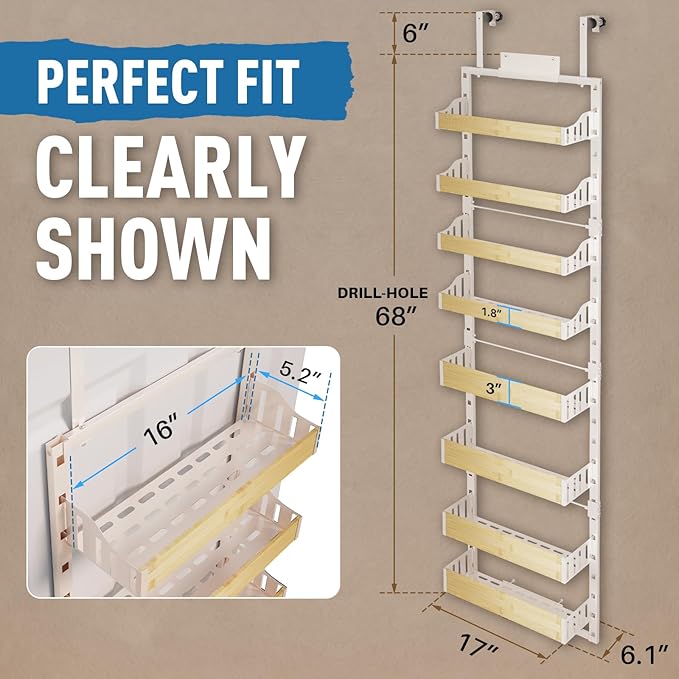 8-Tier Over The Door Pantry Organizer | Spice Rack Wall Mount with No-Shake Design, Adjustable Baskets | Hanging Seasoning Shelves, Storage Organization for Kitchen Cabinet & Closet