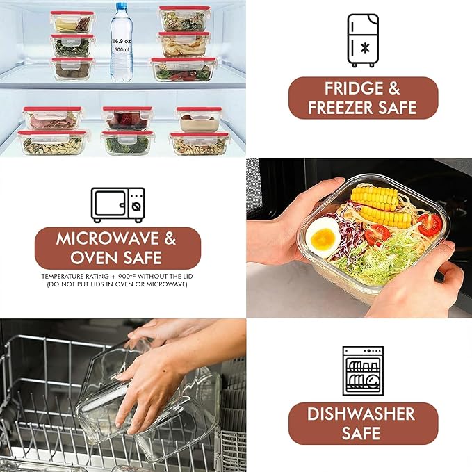 Razab 24 Pc Airtight Glass Food Storage Containers - Glass Meal Prep Containers - Freezer to Oven Safe - Steam Release Valve BPA Free - Airtight Bento Boxes - Leak Proof (12 lids & 12 Containers)
