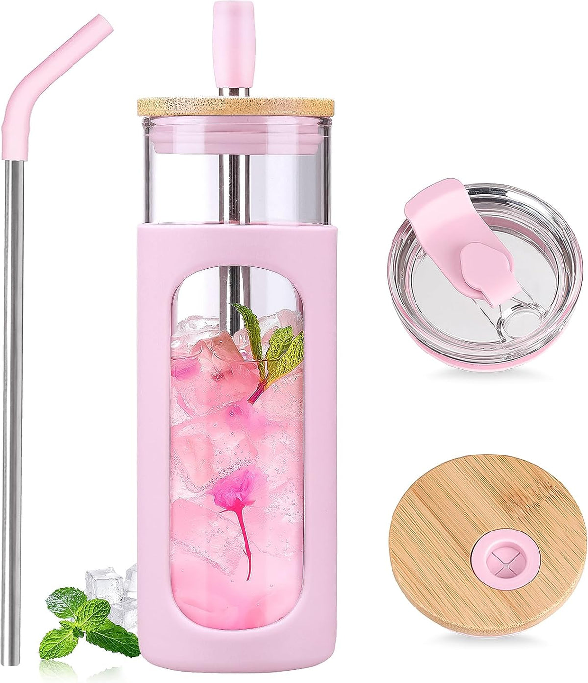 24oz Glass Tumbler with 2 Lids and Straws, Glass Cup With Bamboo Lid and On-the-go Lid, Reusable Iced Coffee Cup, Ideal for Smoothie, Cold Drinks, Fit Cup Holder, BPA Free (1, Pink)