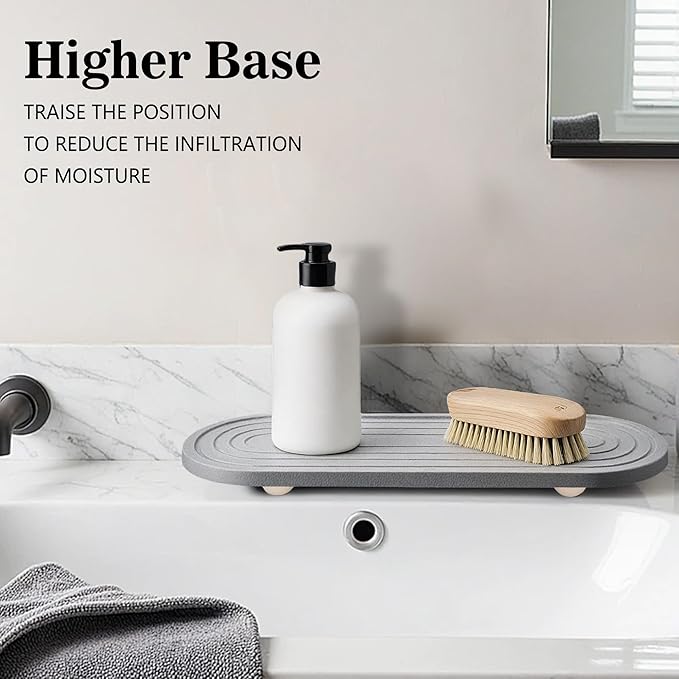 Instant Dry Sink Caddy Organizer, Fast Drying Sink Caddy, Water Absorbing Stone Sponge Holder for Kitchen and Bathroom Countertop with Natural Loofah and Wooden Feet