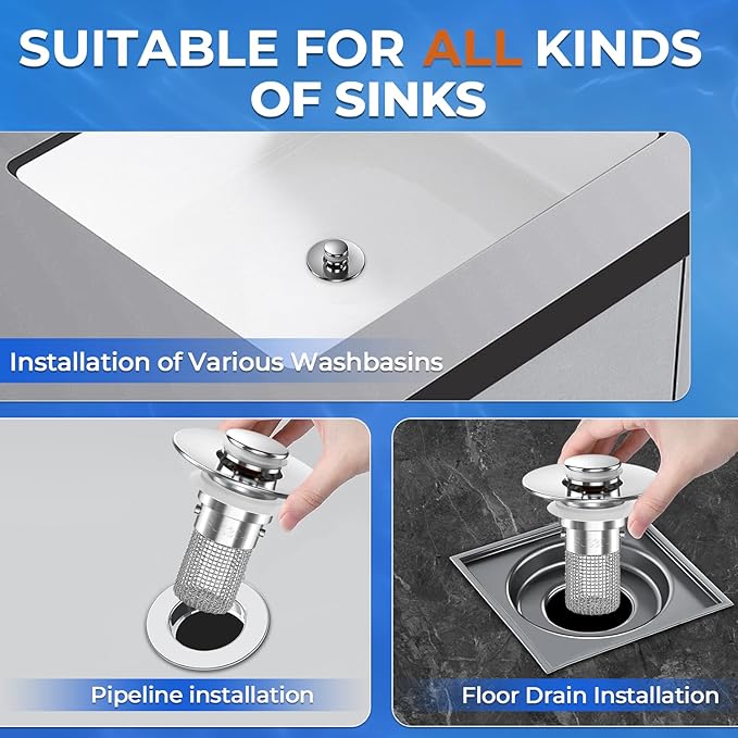 Bathroom Sink Drain Strainer, Pop-up Sink Drain Strainer with Removable Stainless Steel Strainer Basket Hair Catcher, Bathroom Sink Strainer for Bathroom Sink Stopper Replacement(1PCS)