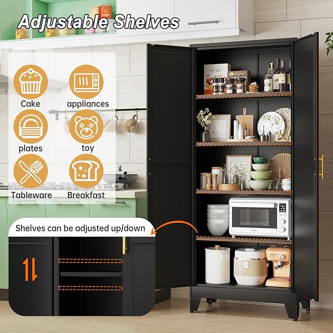 winiowa Metal Pantry Cabinet with 2 Doors and Adjustable Shelves - 71" Kitchen Storage Cabinet with Gold Handles - Versatile Storage for Kitchen, Bathroom, Dining Room, Utility Room - Black