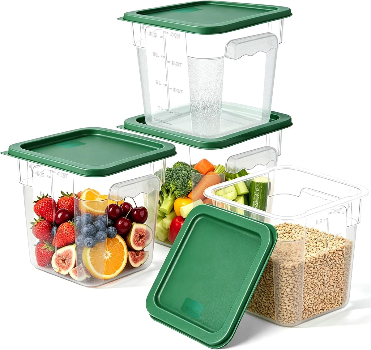 4Pack - 4QT Food Storage Containers with Lids & Handles, Polycarbonate Clear Airtight Food Container with Scale Marks for Bread Proofing, Flour, Commercial Grade, Restaurant & Kitchen, Square, Green