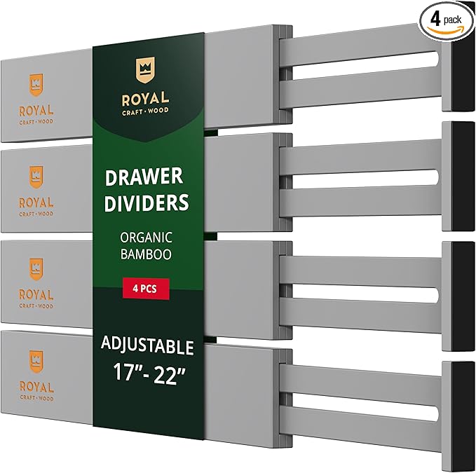 Bamboo Drawer Dividers Organizers, Adjustable Drawer Separator Splitters, 17–22 Inches Expandable Drawer Divider Organizer for Large Utensils, Kitchen, Bedroom, Dresser & Office Drawers 4-Pack, Gray