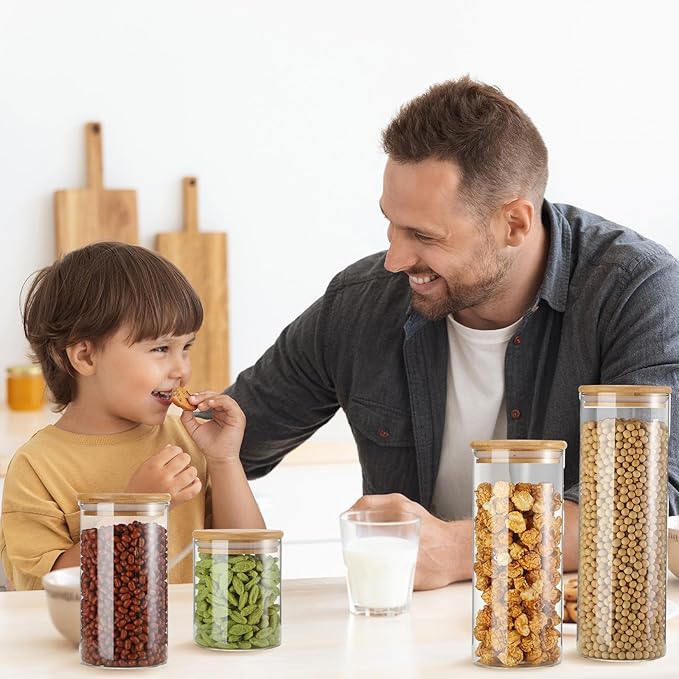 Qinyoung Glass Storage Jars with Wooden Lids, 4 Sizes Food Storage Containers Clear Stackable Canisters Airtight Glass Jars for Candy Cookie (Clear, Light Brown, 15oz 25oz 34oz 42oz, 36 Pcs)