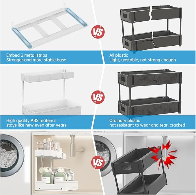 NATURE'S SOURCE Under Sink Organizers, Sliding L-shape Cabinet Organizers Narrow Space Storage Multi-purpose Sink Organizer Baskets with 4 Hook for Bathroom Kitchen Drawer (White, 1 pack)