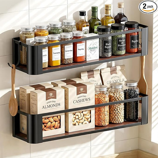 2 Pack Wall Mounted Spice Rack with 2 Hooks, Spice Organizer Shelf for Stove Cabinet Pantry Door, Screw or Adhesive Spice Shelf Hanging Wall Spice Rack in Kitchen and RV (Black, 2 Pack)