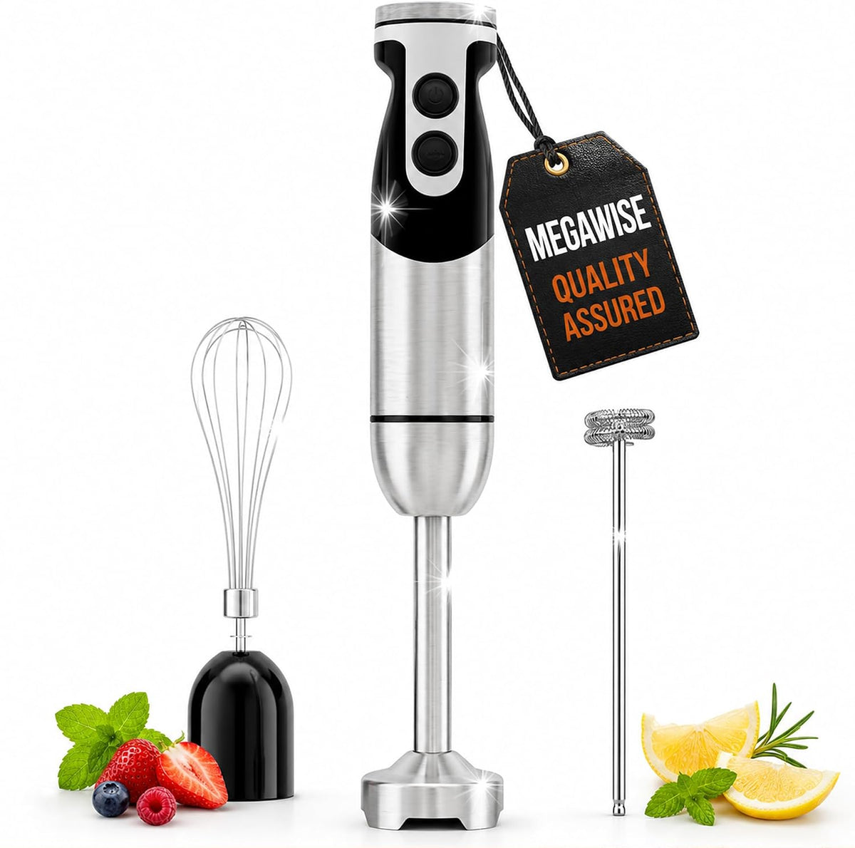 3‑in‑1 Immersion Hand Blender, 12‑Speed Titanium Stainless Steel Stick Blender with Whisk & Milk Frother