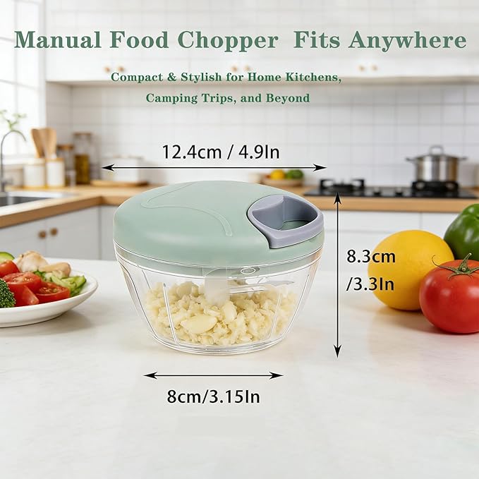 Garlic Chopper with Container, Manual Food Chopper Pull-String, Vegetable Onion Mincer, Hand Food Processor, Kitchen Cutter for Chili Ginger Herb Seasoning, Green 500ml