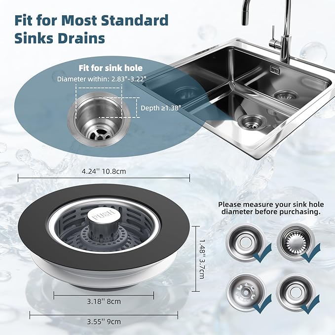 Hibbent Upgraded 2 Pack 3 in 1 Kitchen Sink Drain Strainer, Stainless Steel Pop Up Sink Stopper, Larger Anti-Clogging Basket, 3-Layer Seal, Detachable Plug for US Standard 3-1/2" Drain, Matte Black