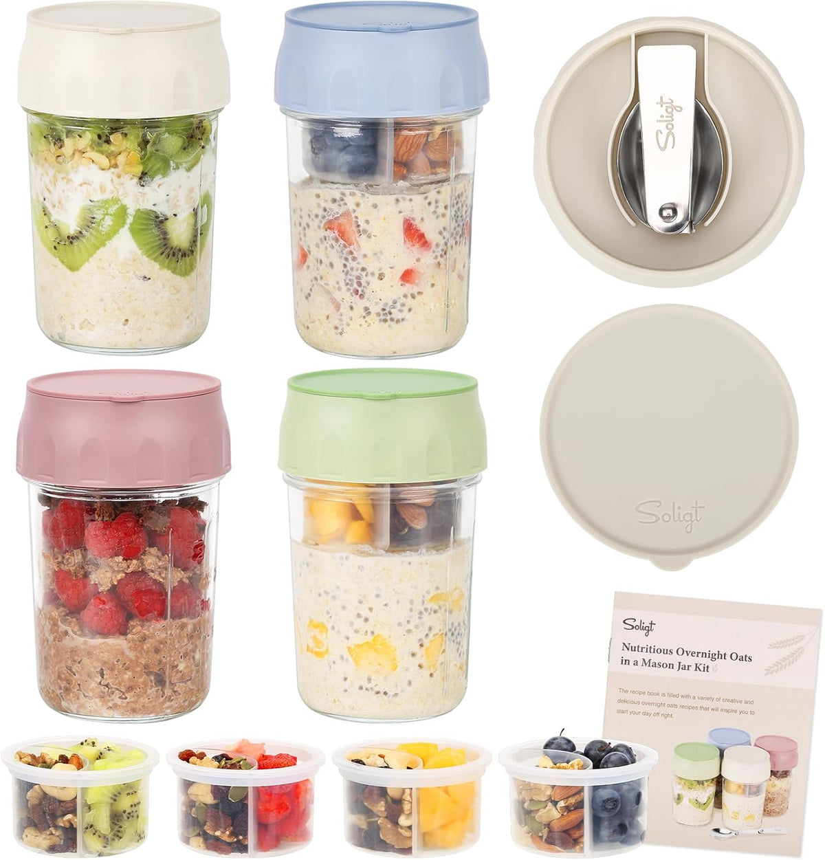 4 Pack Overnight Oats Containers with Lids, Folding Spoons and Divided Compartments for Fruit & Nuts, Small Glass 16oz Mason Jars for Oatmeal (4 Set-Oat White/Green/Rose/Blue)