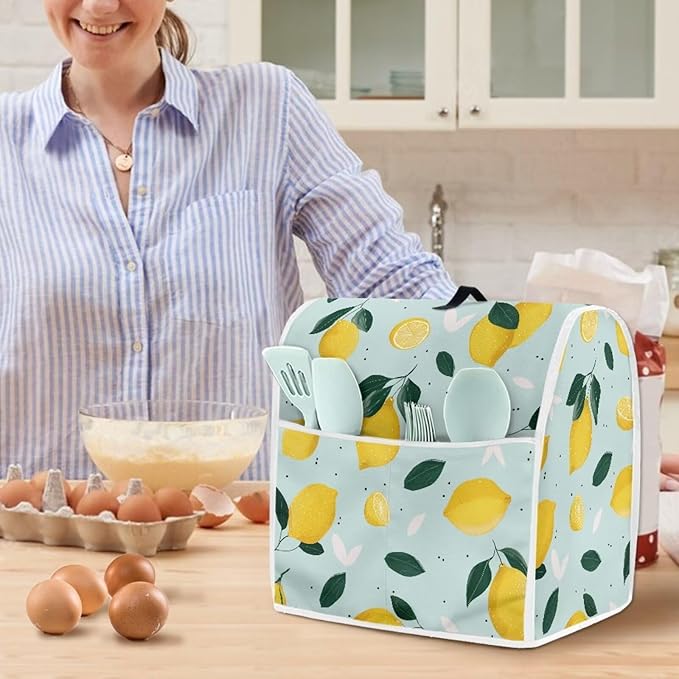 Summer Lemon Stand Mixer Cover for 6-8 Quart Liquid Splash-Proof Dust Protector with Top Handle & Storage Pocket Easy-Clean Anti Fingerprint Kitchen Counter Decor