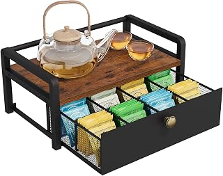 Tea Bag Organizer, Tea Bag Holder with 8-Compartment Drawer, Wood Tea Box Organizers and Storage Chest, Tea Station Organizer for Countertop Kitchen, Rustic Brown