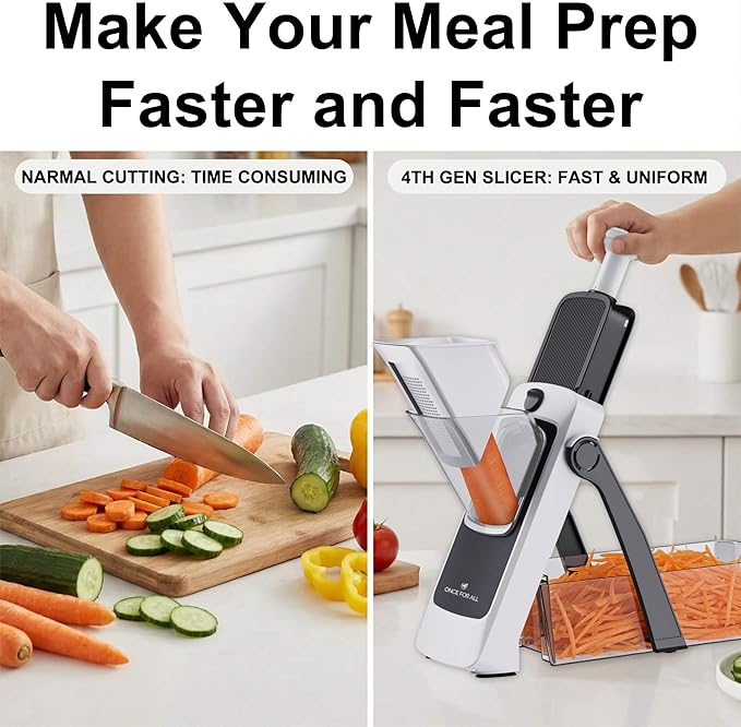 ONCE FOR ALL Safe Mandoline Slicer Pro, Gen 4th, Adjustable Thickness Vegetable Slicer For Kitchen, Food Chopper With Container, Lid, Drain Basket, Veggie Cutter For Potato Onion Fruit