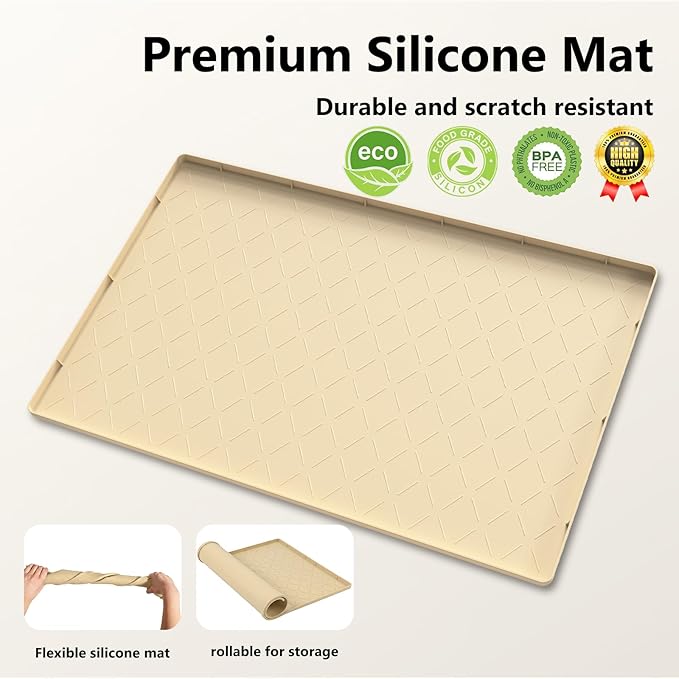 Mateeylife Under Sink Mats for Kitchen Waterproof 28"X19", Undersink Protectors，Silicone Mat Cabinet Liner, Under Sink Organizer for Bathroom and Kitchen，Boot Tray Pet Food Mat, Khaki