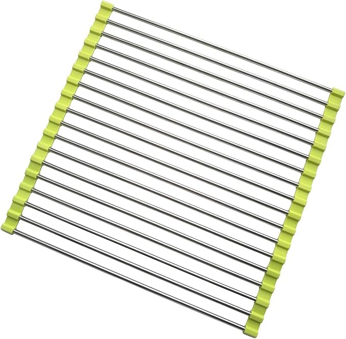 Roll Up Dish Drying Rack, Stainless Steel and Silicone Dish Drying Mat Over The Sink Foldable Drain Rack Multipurpose Dish Drainer for Kitchen, 14.5” x 14”, Green