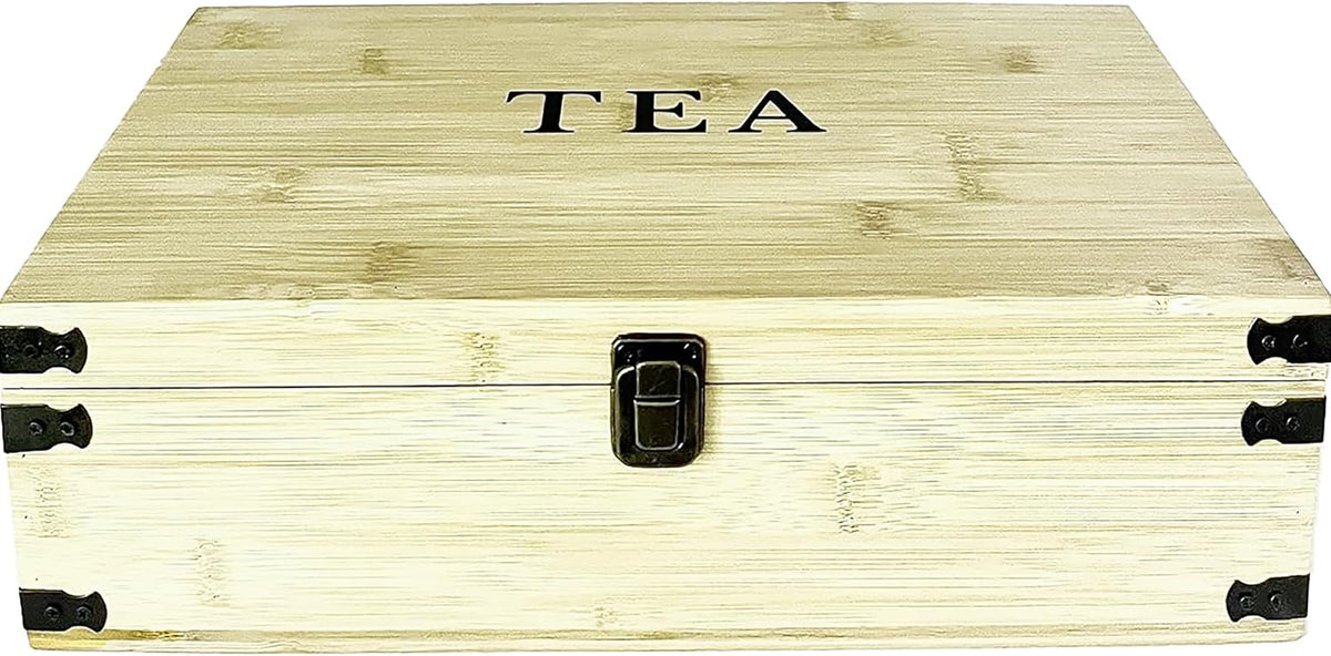 Large Wooden Tea Organizer Box, Big 14" Pine Storage Chest | 8-Slot Tall, Adjustable Shelves | 100% Handmade Craft Eco-Friendly Natural Décor