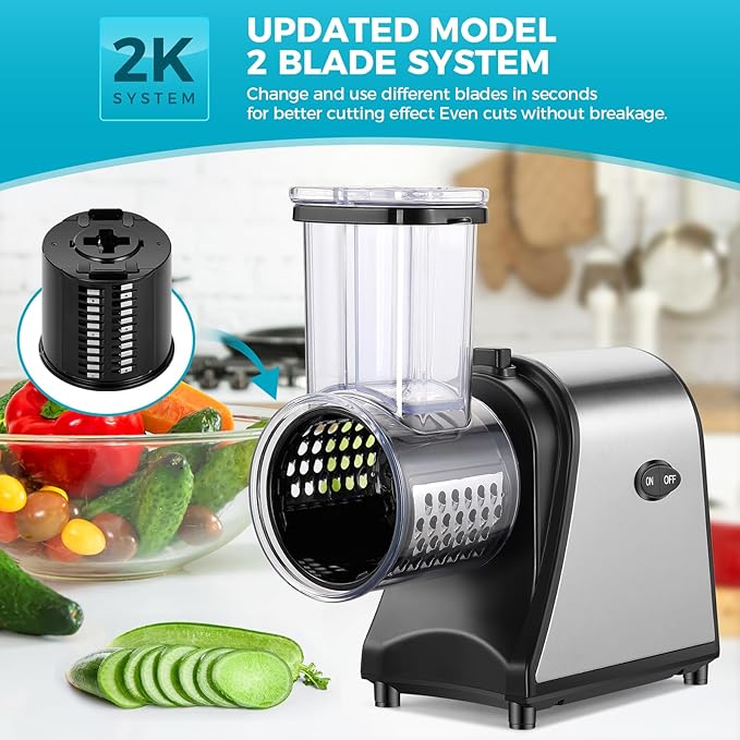 Electric Cheese Grater, 250W Electric Slicer Shredder, One-Touch Control Electric Salad Machine for Cheese, Fruits, Vegetables, Salad Maker with 5 Different Shapes of Blades, 2026 Upgrade
