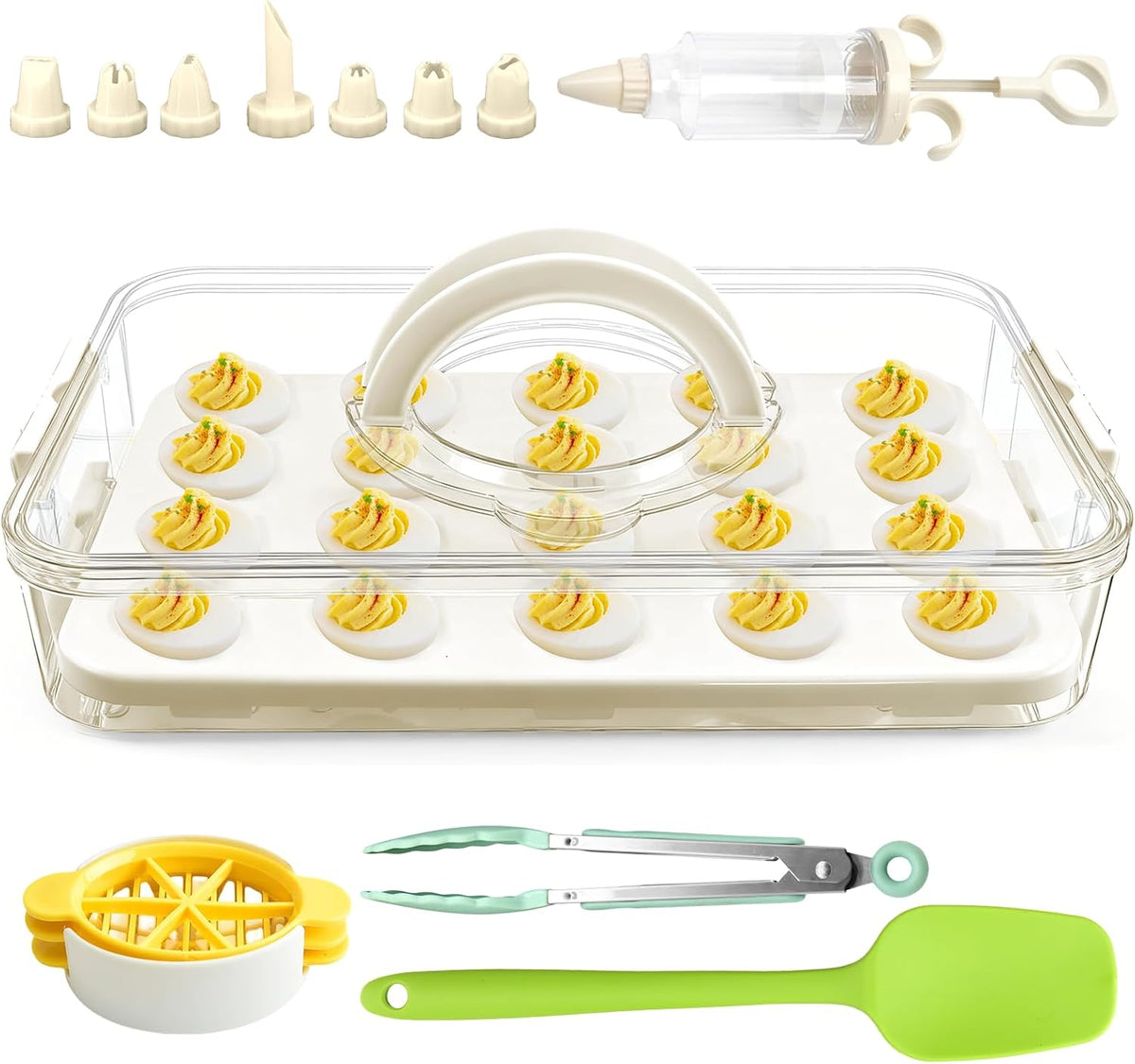 20 Deviled Egg Containers with Lid & Handle,Egg Holder for Fridge PET Thickened Eggs Organizer for Refrigerator Inc Egg Slicer,Kitchen Tongs,Silicone Spatula,Piping Decorating Kit