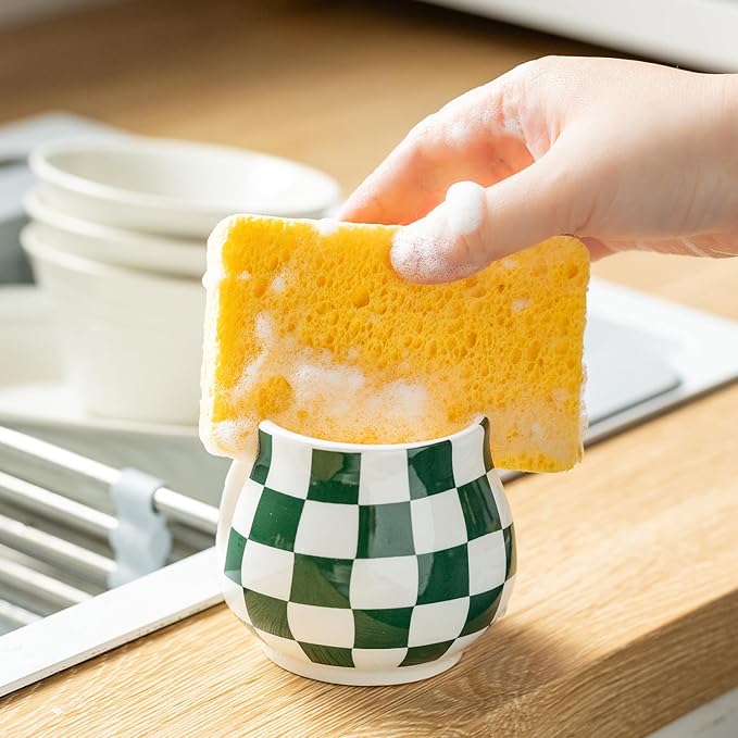 Zoeeker Kitchen Sponge Holder, Ceramic Sponge Organizer Checkered Scrubby Holder Sink Caddy Scrub Dish Rack for Kitchen, Bathroom, Sink, Christmas Decor, Green and White