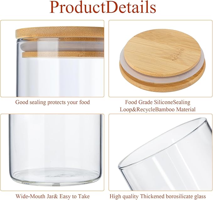 Qinyoung Glass Storage Jars with Wooden Lids, 4 Sizes Food Storage Containers Clear Stackable Canisters Airtight Glass Jars for Candy Cookie (Clear, Light Brown, 15oz 25oz 34oz 42oz, 12 Pcs)