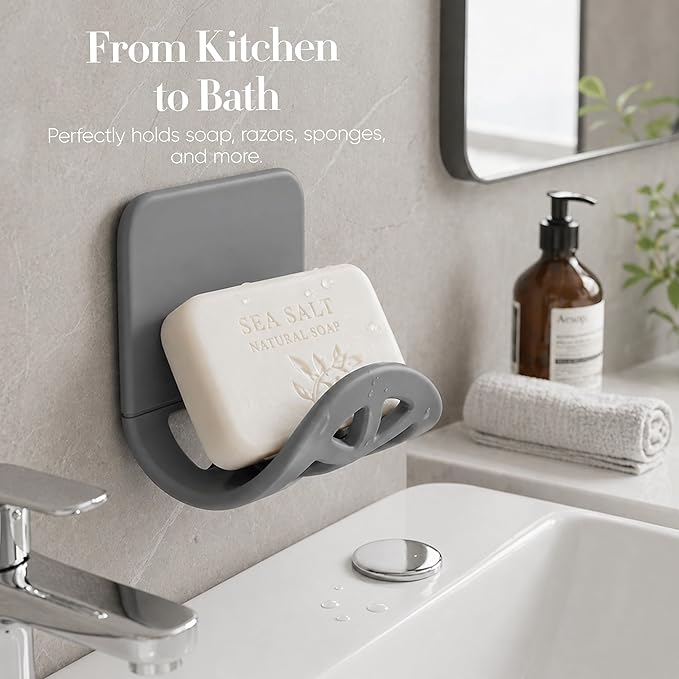 Flexible Sponge Holder for Kitchen Sink Adhesive - Bendable Silicone Sink Caddy 2 Pack, Metal Core Dish Scrubber Rack, Fold-Flat Organizer for Soap Brush Razor, Stone Wall Mount (Gray)