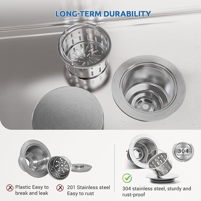 BOTEMY Kitchen Sink Drain Assembly with Removable Deep Basket Strainer, Anti-Clog Sink Drain Kit, Stainless Steel & ABS, Easy Clean Lift-Out Strainer, Fits Standard 3-1/2 Kitchen Sinks - Brushed