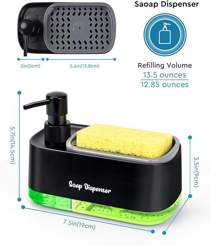 5-in-1 Kitchen Soap Dispenser Set with Sponge Holder - Dual Hand & Dish Soap Pump Dispenser for Sink Countertop with 2-Packs Natural Loofah Dish Sponge Dishwashing Scrubber,Black