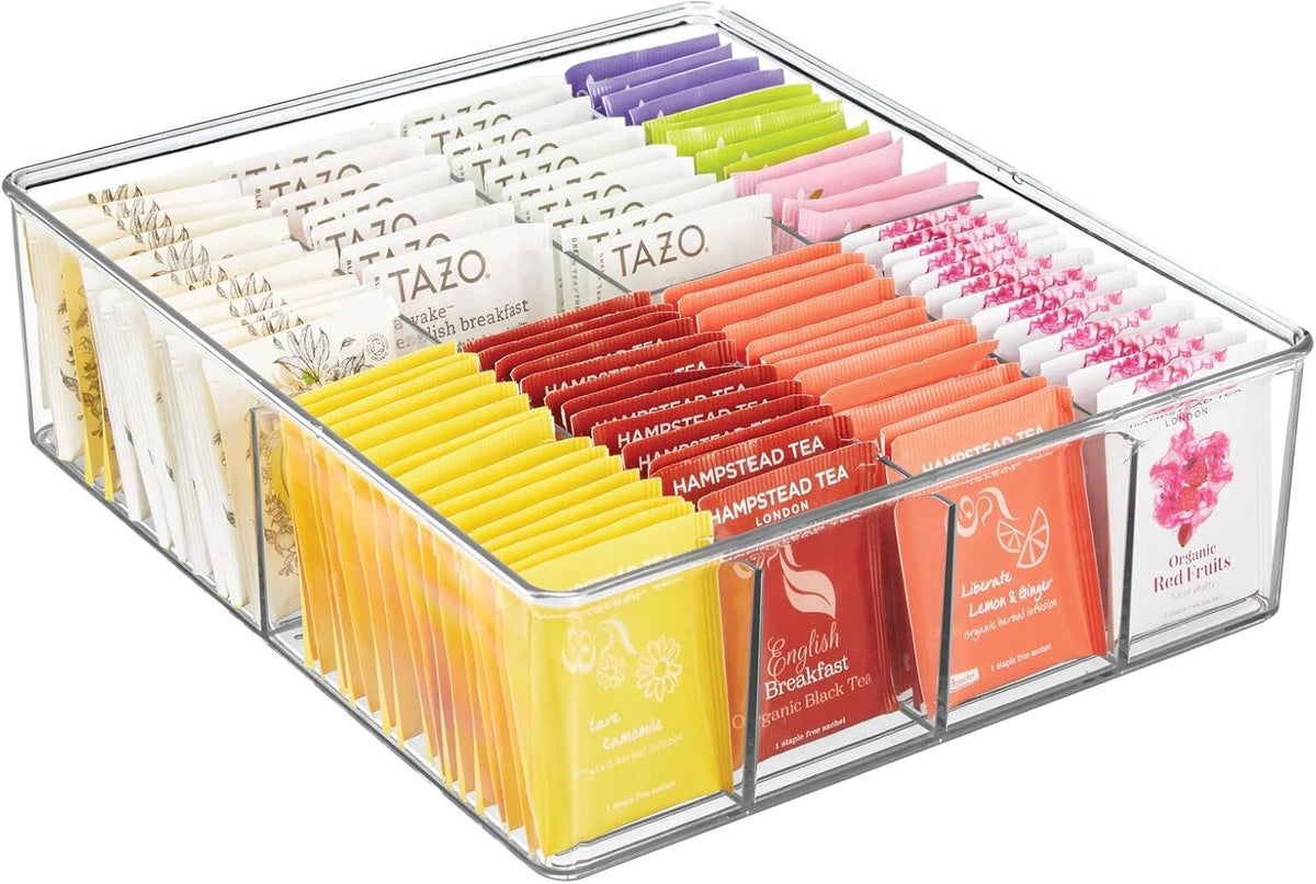 Plastic Extra Wide Storage Organizer Bin Box for Kitchen, Pantry, Cabinet, Countertop - Tea Bag, Sugar Packet, Coffee Snack, Condiment Holder, 8 Sections - Ligne Collection - Clear
