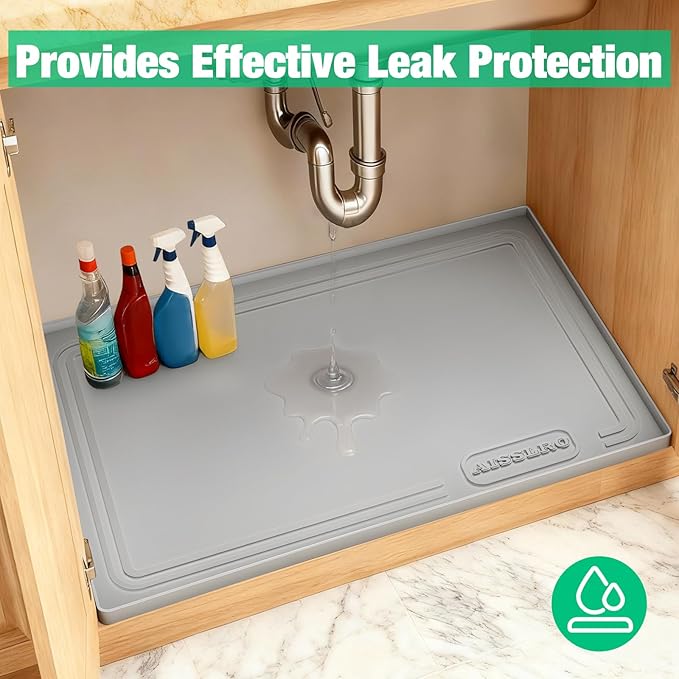 Aisslro Under Sink Mat 28" X 19", Waterproof Silicone Under Sink Mats for Kitchen, Anti-Leak Shelf Liner & Cabinet Protector with Raised Edge, [BPA Free] Bathroom Tray Home Organizer, Grey