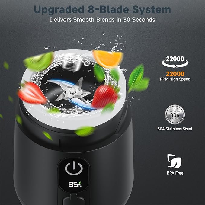 Portable Blender, 8 Blades Personal Size Smoothie Blender for Shakes, USB C Rechargeable Juicer Cup with LED Display, Travel Friendly Mini Mixer for Home, Office, Gym, 17oz, Black