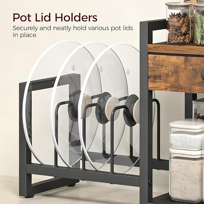 MAHANCRIS Countertop Shelf Organizer, Pots and Pans Organizer Rack, Pot Lid Holder with 1 Drawer, Pot Lid Organizer Holder with 2 Hooks, for Kitchen, Dining Room, Rustic Brown POHR2201