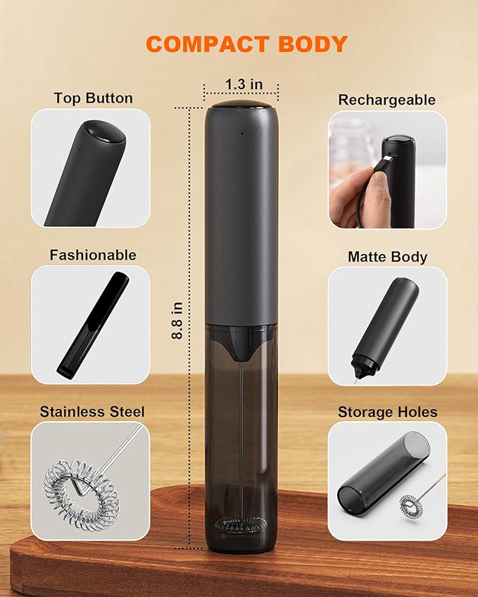 Rechargeable Milk Frother Handheld with Cover, Electric Drink Mixer with Stainless Steel Whisk - Portable Hand Frother Wand for Matcha Latte Cappuccino & Hot Chocolate, Black