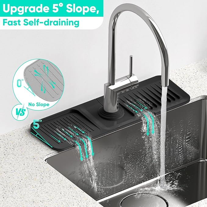 17.7inch Faucet Mat for Kitchen Sink [5°Slope Fast Self-draining] Kitchen Sink Splash Guard Silicone Kitchen Sink Faucet Mat Splash Guard for Kitchen Sink Area Tidy Splash Faucet Guard Draining Mat