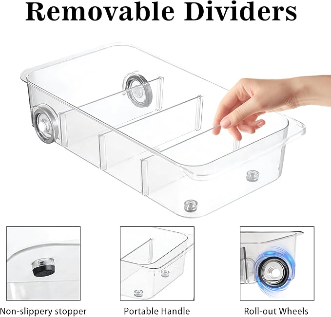 2Pack Roll Out Fridge Caddy Bins Pull Out Drawer with Wheels Refrigerator Organizer Bins with Handles Divided Fruit Caddy for Fridge Pantry Cabinet Storage Cans Drinks
