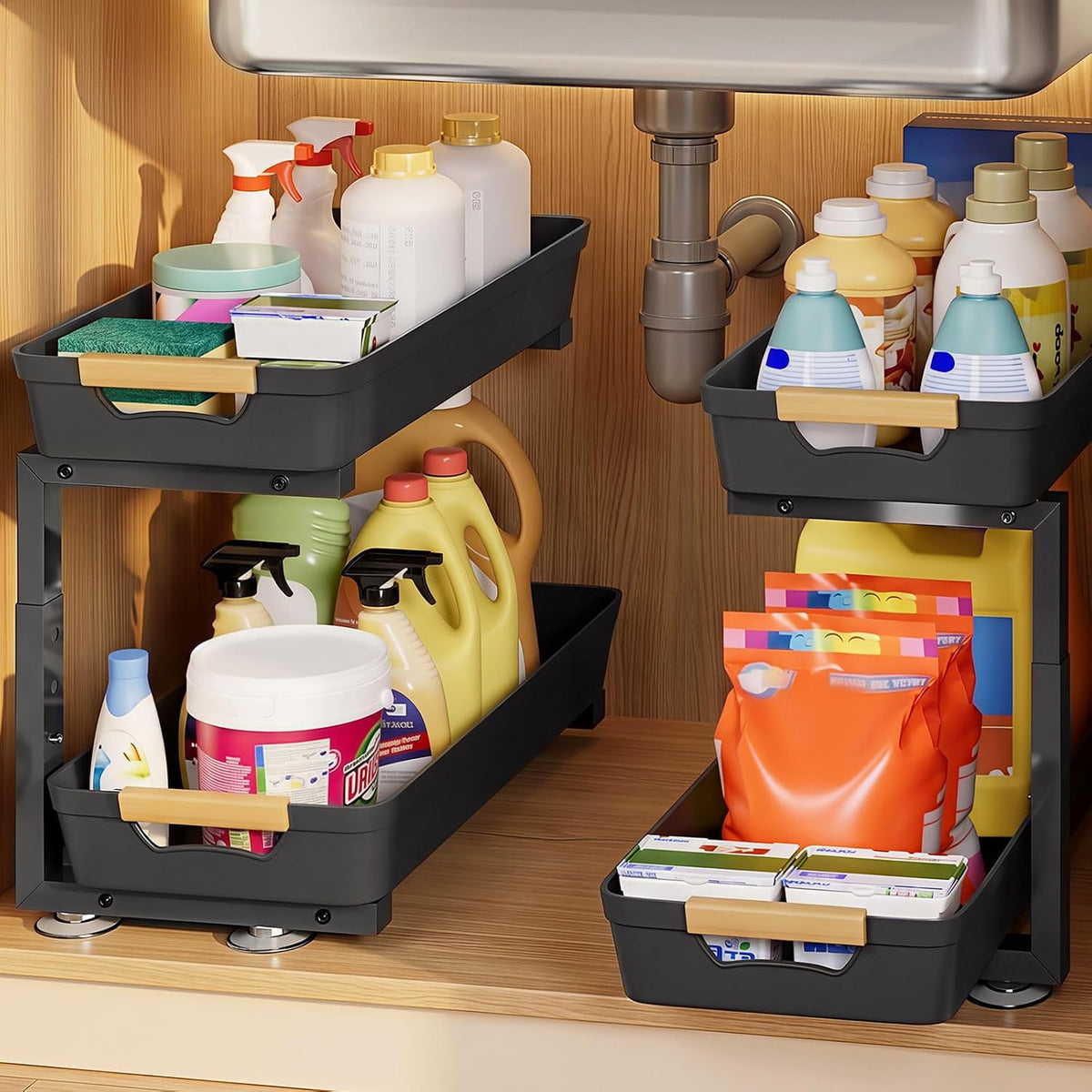 Sliding Under Sink Organizer: 2-Pack Pull-Out Rack for Kitchen