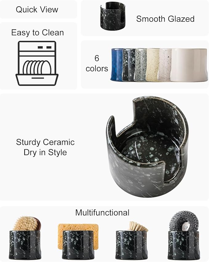 Zoeeker Sponge Holder for Kitchen, Ceramic Sink Caddy Scrub Sponge Rack Dish Rack Scrubbers Holder for Kitchen Sink, Bathroom, Black