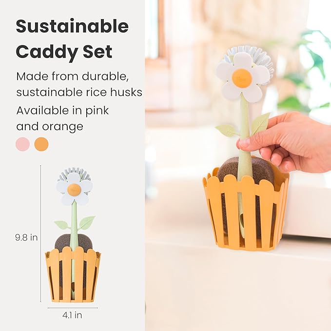 Vigar Florganic Kitchen Sink Caddy Organizer - Dish Sponge Holder with Flower Dish Brush, Suction Cup & Sponge for Kitchen Sink, Decorative Kitchen Sink Accessories Countertop Storage Set - Orange