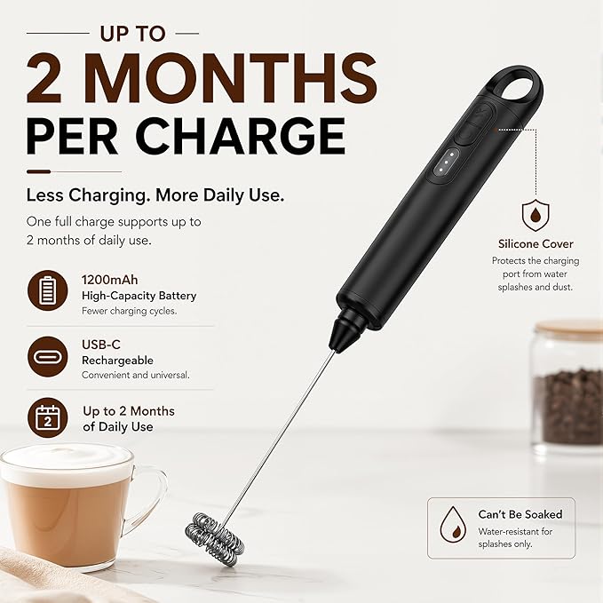 Rechargeable Milk Frother Handheld 3 Speed Coffee Foamer [3 Whisk] Electric Drink Mixer for Latte, Cappuccino, Coffee, Eggs, Hot Chocolate, Protein Black