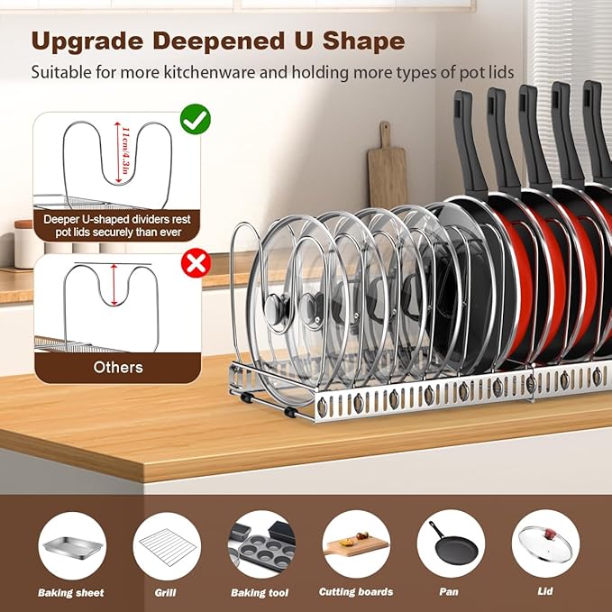 Housolution 2 Pack Pot and Pan Organizer, 12"-23" Expandable Pot Lid Organizer with 14 Adjustable Dividers, Pan Lid Holder Storage Rack for Cabinet, Silver