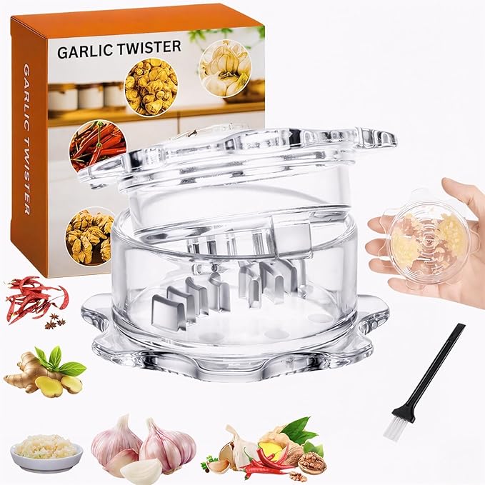 Garlic Twister Kitchen Tool – Manual Garlic Crusher & Ginger Grinder, Nut Chopper, Chili Pepper Mincer, Clear Acrylic Kitchen Utensil for Food Prep – BPA-Free, Easy to Use, Handheld Design